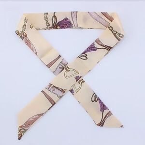 Silk-Feel Beige Chain & Strap Print Neck Scarf